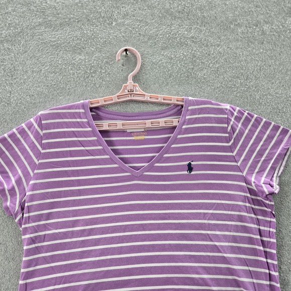 Polo Ralph Lauren Women Shirt XL Purple Striped Pony Embroidery V-Neck Pullover - Picture 5 of 9